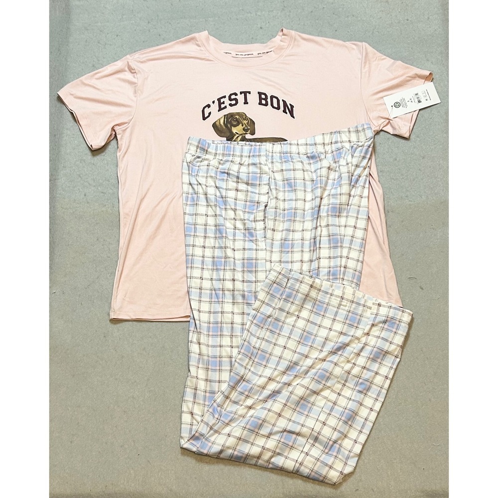 Joyspun Dreamy Soft Pajama Set Pink C'est Bon Dachshund Plaid Pants Small 4-6
